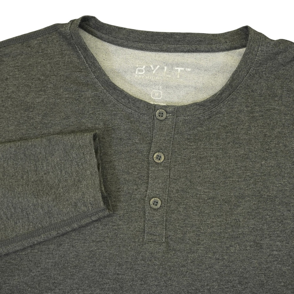 BYLT Henley Men M Gray Lux‎ Long Sleeve Curved Hem Stretch Shirt Performance